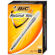 Bic® Round Stic Ballpoint Pen, Medium, Black Ink, 60/Box