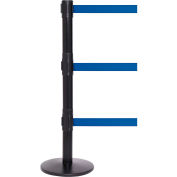 QueuePro 250 Triple Belt Barrier rétractable, 40 » Black Post, 11' Blue Belt