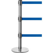 QueuePro 250 Barrière rétractable à triple ceinture, poteau en acier inoxydable de 40 », ceinture bleue de 11'