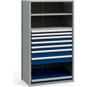 Rousseau Metal Steel Shelving 43-5/8"Wx24"Dx75"H Closed 4 Shelf 7 Drawer Gray With Blue Drawers