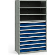 Rousseau Metal Steel Shelving 48-5/8"Wx24"Dx87"H Closed 5 Shelf 8 Drawer Gray With Blue Drawers