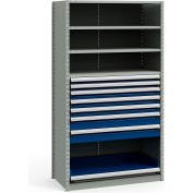 Rousseau Metal Steel Shelving 48-5/8"Wx24"Dx87"H Closed 5 Shelf 7 Drawer Gray With Blue Drawers