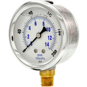 Pic Gauges 2-1/2" Vacuum Gauge, Liquid Filled, 200 PSI, Stainless Case, Lower Mount, PRO-201L-254G