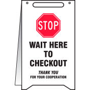 Accuform® A-Frame Floor Sign, Stop Wait Here to Checkout, 20" H x 12" W, Plastic