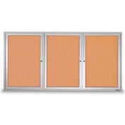 United Visual Products 72"W x 36"H 3-Door Outdoor Enclosed Corkboard with Satin Aluminum Frame