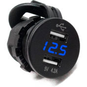 Marine Sport Lighting Dual Port USB Socket With Voltmeter, 2.4A, Blue LED