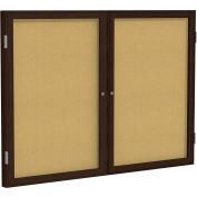 Ghent Enclosed Bulletin Board, 2 Door, 60"W x 36"H, Natural Cork/Walnut Frame