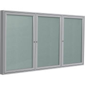 Ghent Enclosed Bulletin Board, Outdoor, 3 Door, 72"W x 48"H, Silver Vinyl/Silver Frame