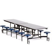 Table de cafétéria mobile NPS® avec tabourets, 145 « L x 59"W, dessus gris / tabourets bleus / cadre noir