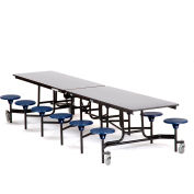 Table de cafétéria mobile NPS® avec tabourets, 145 « L x 59"W, dessus gris / tabourets bleus / cadre noir