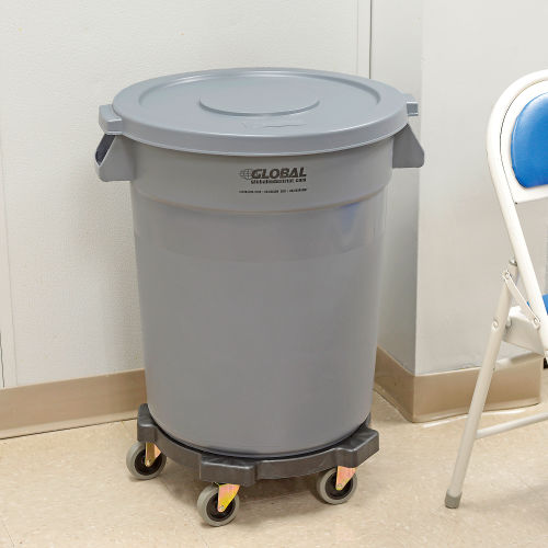 Global Industrial™ Plastic Trash Can with Lid & Dolly - 32 Gallon Gray