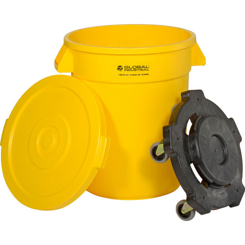 Global Industrial™ Plastic Trash Can with Lid & Dolly - 20 Gallon Yellow