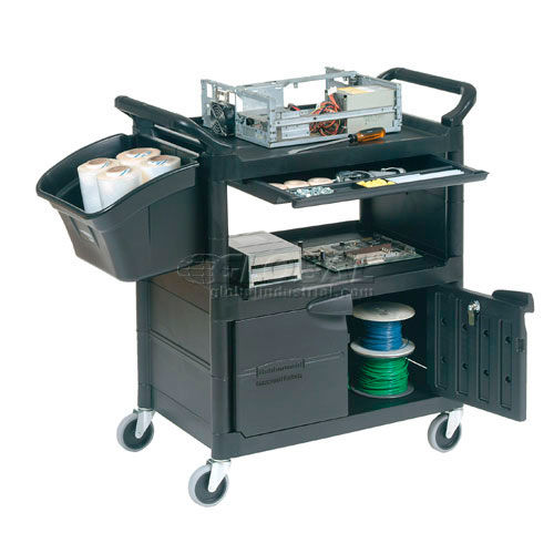 Rubbermaid FG345700BLA Black Utility Cart with Lockable Doors and Sliding  Drawer