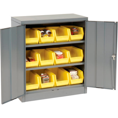 Enclosed Shelving, 12 Gauge, 36 x 18 x 72, 30 Yellow Bins, Gray