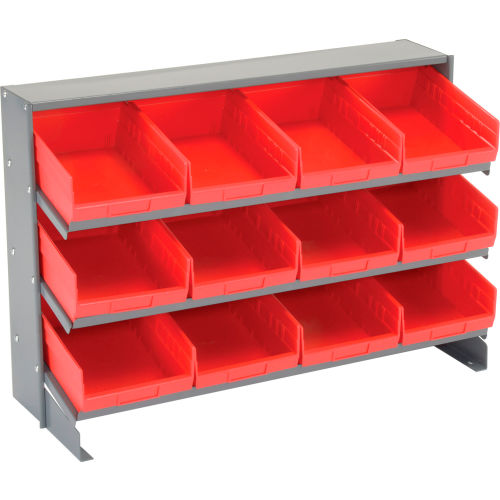 Global Industrial™ 3 Shelf Bench Pick Rack - 12 Red Plastic Shelf Bins 8  Inch Wide 33x12x21