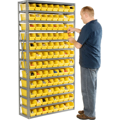 Global Industrial 13 Shelf Steel Shelving with (96) 4 H Plastic Shelf Bins, Yellow, 36x12x72 603443YL