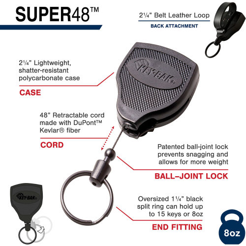 KEY-BAK SUPER48 Heavy Duty 8oz. Locking Retractable Reel, 48 Kevlar Cord,  Black Polycarbonate Case, Leather Duty Belt Loop, Oversized Split Ring