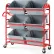 Chariot de préparation de commandes Rubbermaid avec étagères inclinées, rouge