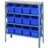 Rayonnages ouverts en acier « Quantum Storage Systems » avec bacs de rangement en plastique