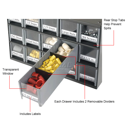 Akro-Mils Steel Small Parts Storage Cabinet 19909 - 17W x 11D x 11H w/ 9  Gray Drawers