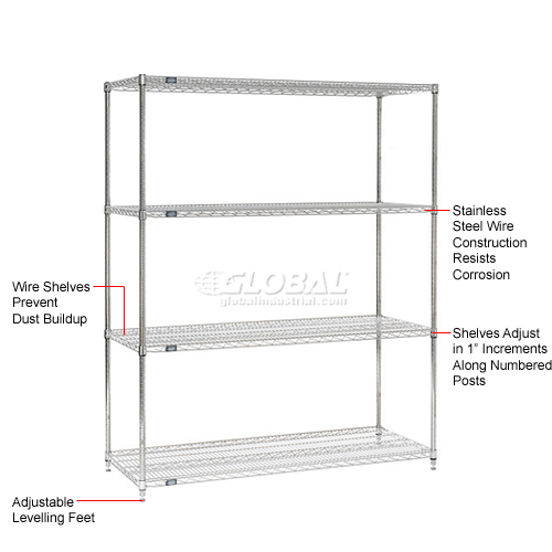 Nexel® Stainless Steel, 4 Tier, Wire Shelving Starter Unit, 60"W x 24"D