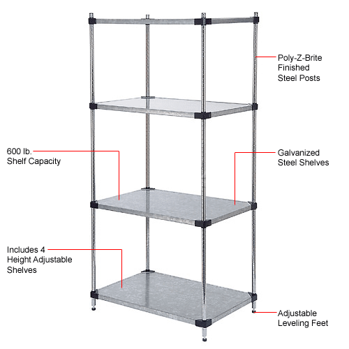 Nexel® 4 Tier Shelving Starter Unit, Solid Galvanized Steel, 36"Wx18