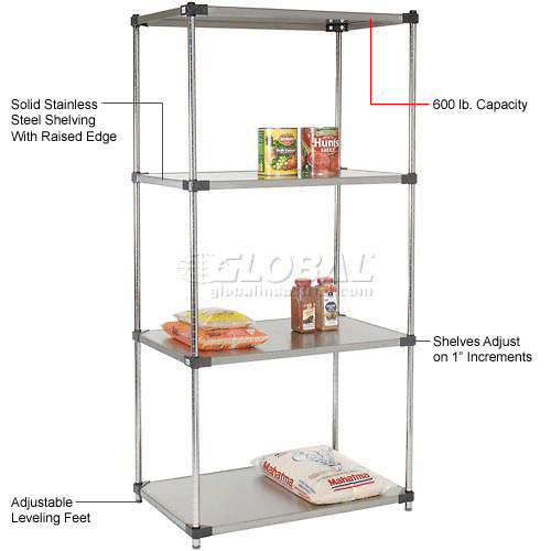 Nexel® 4 Shelf, Stainless Steel Solid Shelving Unit, Starter, 36"W x 24