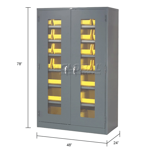 Global Industrial™ Locking Storage Cabinet Clear Door 48x24x78 29 Yl Bin 6 Shelf Unassembled