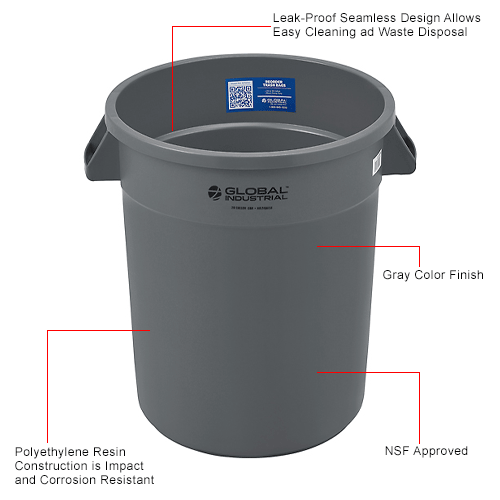 Global Industrial™ Plastic Trash Can 20 Gallon Gray 240458GY