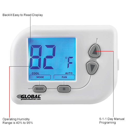 Global Industrial® Programmable Thermostat, Heat, Cool, Off Mode, 511