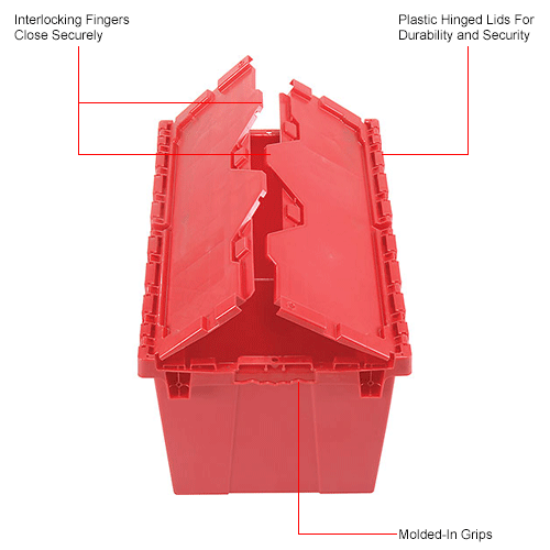 Plastic Attached Lid Shipping & Storage Container, 25-1/4x16-1/4x13-3/4, Red