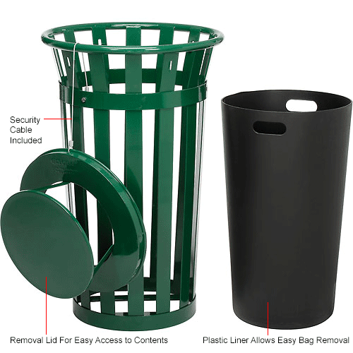 Global Industrial™ Outdoor Slatted Steel Trash Can With Rain Bonnet Lid 