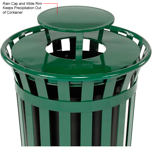 Global Industrial™ Outdoor Slatted Steel Trash Can With Rain Lid, 36 Gallon, Green