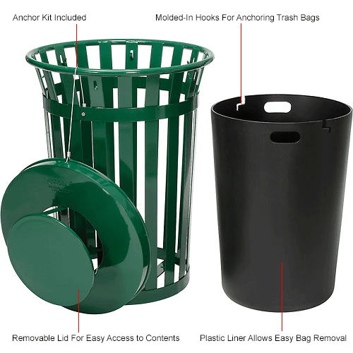 Global Industrial™ Outdoor Slatted Steel Trash Can With Rain Lid, 36 Gallon, Green
