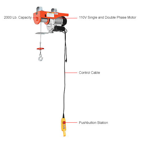 Global Industrial™ Electric Cable Hoist, 2000 Lb. Capacity 298643