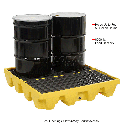 Eagle 4-Drum, Low Profile Spill Containment Pallet With Drain, Yellow ...