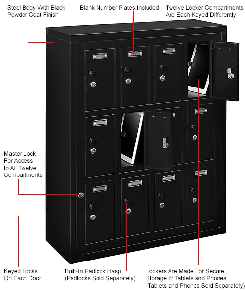 Global 12 Doors Tablet Cell Phone Locker With Keyed Lock