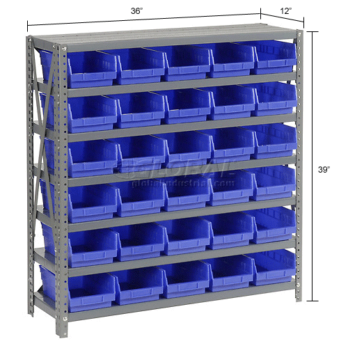 Red 36x18x39 30 7 Shelf Steel Shelving with 4H Plastic Shelf Bins