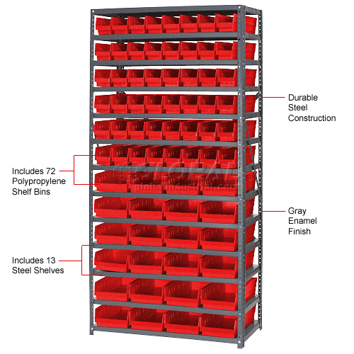 Steel Shelving With Total 72 4 Quot H Plastic Shelf Bins Red