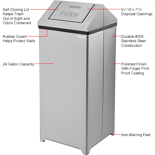 Global Industrial™ Stainless Steel Square Swing Top Trash Can, 24