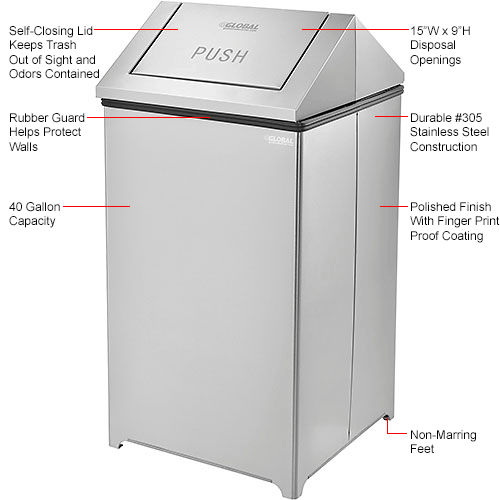Global Industrial™ Stainless Steel Square Swing Top Trash Can, 40