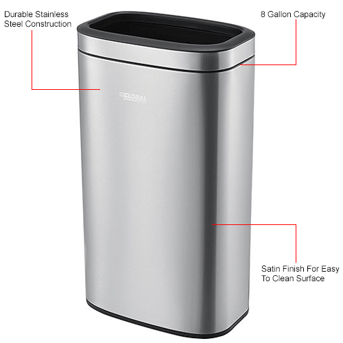 Global Industrial™ Stainless Steel Slim Open Top Trash Can 8 Gallon