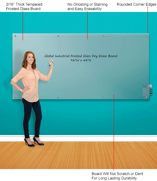 Global Industrial™ Frosted Glass Dry Erase Board, 96"W x 48"H 695468
