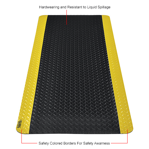 Global Industrial™ Diamond Plate Ergonomic Mat, 15/16" Thick, 2'W x 6'L, Black/Yellow Border