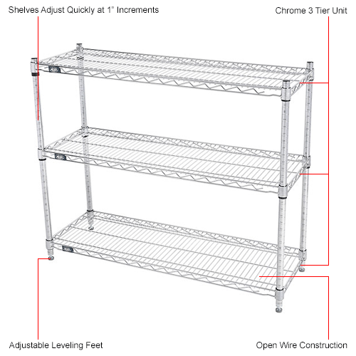 Nexel® Chrome, 3 Tier, Wire Shelving Starter Unit, 42"W x 18"D x 34"H
