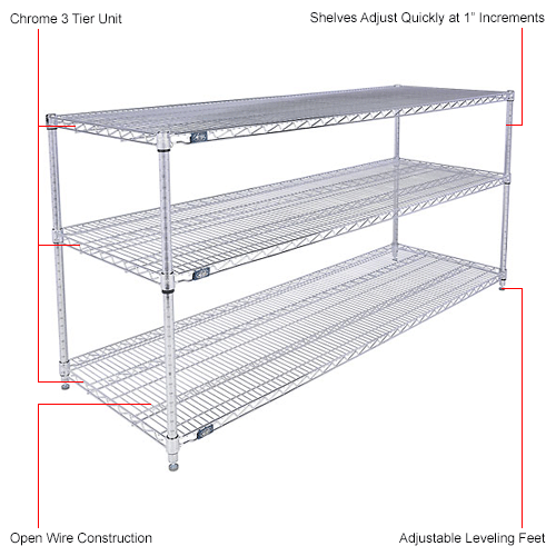 Nexel® Chrome, 3 Tier, Wire Shelving Starter Unit, 72"W x 12"D x 34"H
