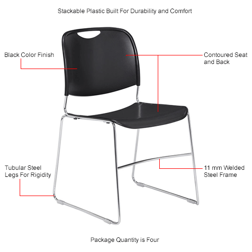 Interion® Stacking Chairs With Mid Back, Plastic, Black - Pkg Qty 4 