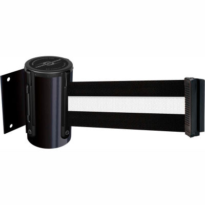 Tensabarrier® Wall Mount Retractable Belt Barrier, Black Case W/7-1/2' Black/White Belt