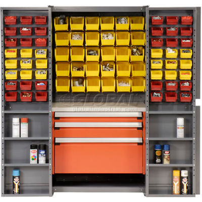 Global Industrial Security Work & Storage Cabinet w/ YL/RD Bins, 590 lbs. Weight, 38"W x 24"D x 72"H
