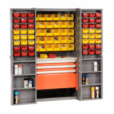 Global Industrial Security Work & Storage Cabinet w/ YL/RD Bins, 610 lbs. Weight, 38"W x 24"D x 72"H